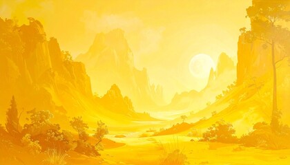 Golden sand dunes roll under a glowing sky, with a lone cluster of trees adding contrast—evoking serenity, natural rhythm, and ethereal warmth in a tranquil desert landscape.