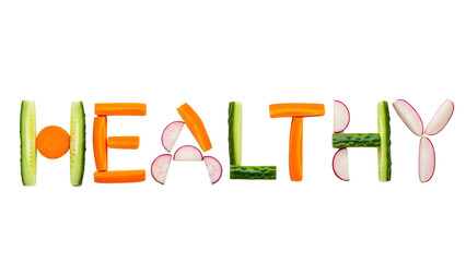 Word 'HEALTHY' Creatively Spelled with Fresh Sliced Vegetables isolated PNG with Transparent Background