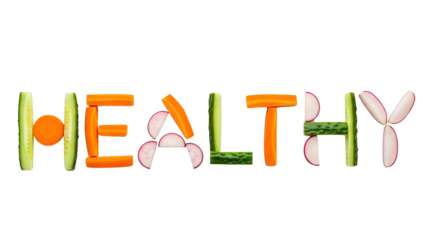 Word 'HEALTHY' Creatively Spelled with Fresh Sliced Vegetables isolated PNG with Transparent Background