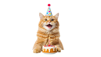 Happy Ginger Cat Wearing Polka Dot Party Hat with Birthday Cake and Lit Candle isolated PNG with Transparent Background