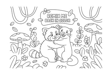 A heartwarming illustration of two pandas hugging in a serene forest setting with a speech bubble saying Friends Forever