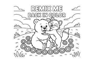 A black and white illustration of a bear and a fox in a field of flowers