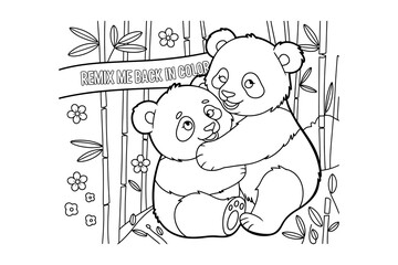 A black and white illustration of two pandas hugging in front of a bamboo forest with flowers