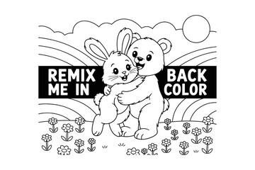 A black and white illustration of a teddy bear and rabbit in a field of flowers with a rainbow and sun