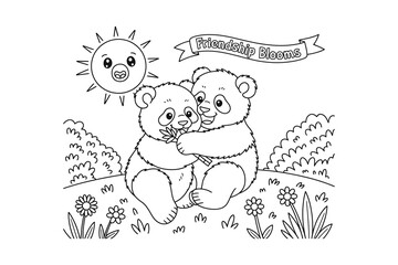 Two cute cartoon bears hugging in a sunny meadow with flowers and trees