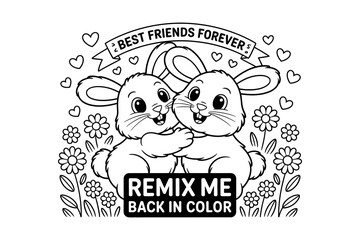 A black and white illustration of two cute bunnies hugging with hearts and flowers