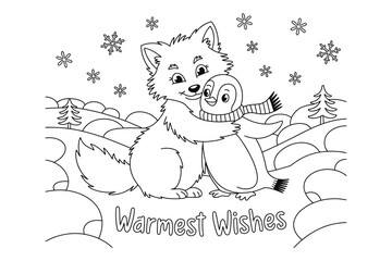 A heartwarming illustration of a fox and a raccoon embracing in a snowy landscape