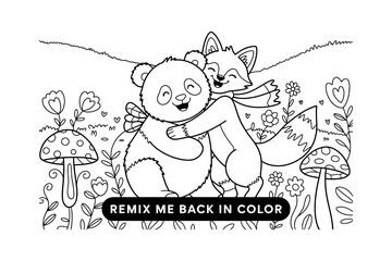 A black and white illustration of a panda and a fox hugging in a garden