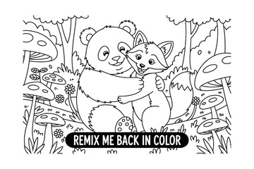 A black and white illustration of a panda and a fox in a forest with a remix me back in color text