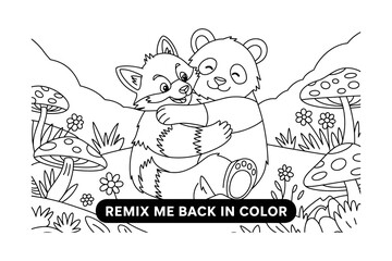 A black and white illustration of two cartoon bears hugging in a forest