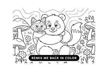 A black and white illustration of a panda bear hugging a small animal in a forest