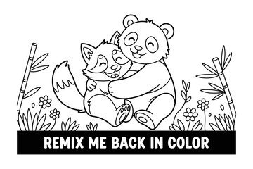 A black and white illustration of a panda and a fox hugging in a field of flowers