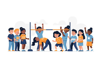 Children playing limbo under a bar with a group watching.