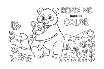 A black and white illustration of a panda bear hugging a fox in a field of flowers