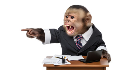 Angry Monkey Business Executive in Suit Pointing and Yelling at Desk isolated PNG with Transparent Background