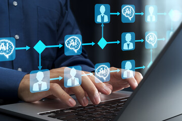 AI-driven workflow automation. AI integration for business processes. Workflow diagram and task management. Businessperson using laptop computer.