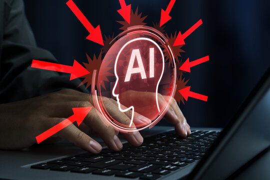 Cyber attacks against AI. Adversarial prompt injection attacks. Hacker attempting AI data and model poisoning using laptop computer.