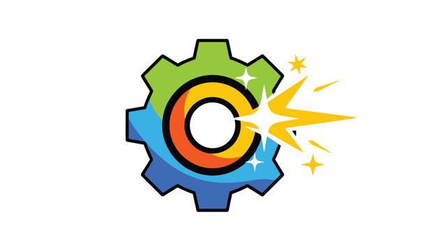 Colorful stylized letter c encased within a vibrant gear mechanism featuring bright yellow starburst energy highlights signifying speed or activation