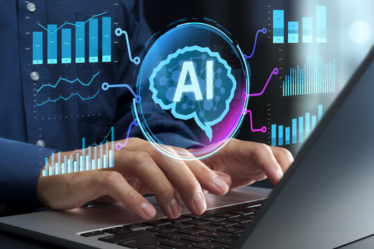 Automated AI data analysis and visualization. Business intelligence platform with augmented predictive insights. Businessperson using laptop computer to generate graphs and charts. - Powered by Adobe