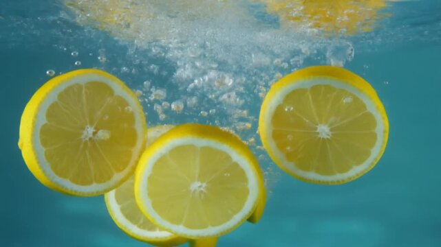 Fresh lemon slices dropping into clear blue water with bubbles.