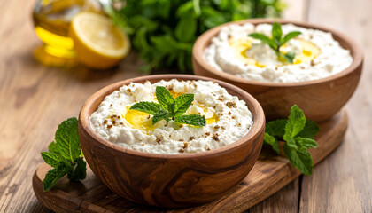 Two bowls of creamy white dip with mint and olive oil on a wooden table creamy dip