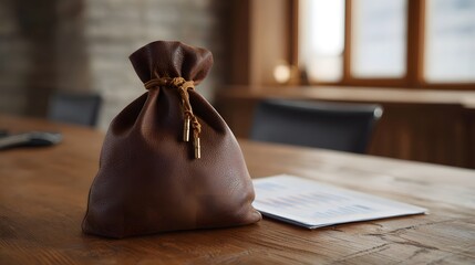 Brown leather drawstring bag with financial charts on a wooden desk in a softly lit office