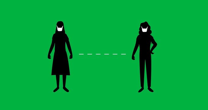 Animation of two people wearing face masks and a distance between them on green background