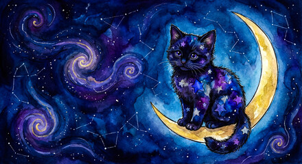 Cute starry kitten sitting on golden crescent moon in cosmic night sky with constellations