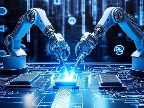 Robotic arms assembling circuit board