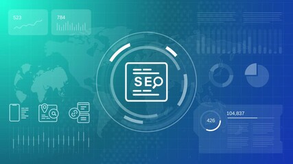 Animated search engine optimization dashboard with SEO icon on digital world map and analytics financial data - Powered by Adobe
