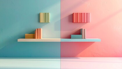 A split-color wall in teal and pink holds a symmetrical shelf of color-coordinated books, blending modern minimalism, visual harmony, and playful contrast in a stylish interior design vignette.