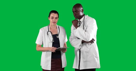 Female doctor operating tablet while male doctor pointing health data icons over transparent green - Powered by Adobe