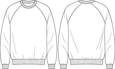 Vector technical flat sketch of a crewneck raglan sweatshirt template, front and back view, blank apparel design mockup for fashion industry. © rakib's world