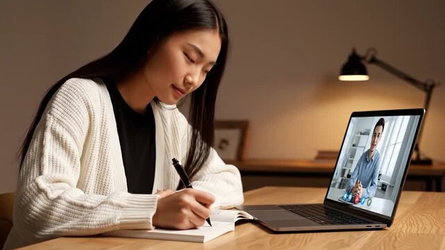 Asian woman taking notes while on a video call on a laptop at a wooden desk