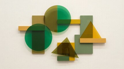 Geometric Abstract Composition Featuring Layers of Green and Gold Shapes on Textured Surface