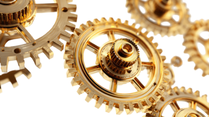 Golden metallic gear rotating isolated on white background, mechanical engineering concept, industrial technology symbol, precision machinery design