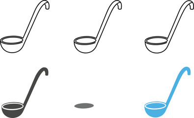 Soup ladle kitchen utensil vector set featuring cooking spoon outline silhouette and colored styles