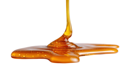 Golden honey dripping and forming viscous flow isolated on white background, natural sweet texture, organic food concept, macro detail