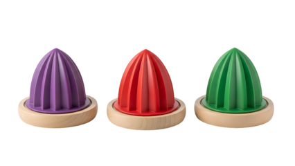 Colorful citrus juicers in wooden bases