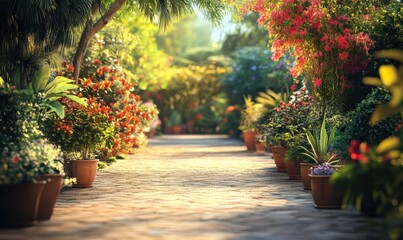Rustic garden path lined with colorful potted plants, warm afternoon light creating a cozy and inviting outdoor space, perfect for nature lovers and garden decor,
