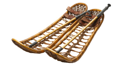 Snowshoes and poles side by side natural angled composition on transparent background