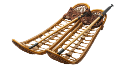 Snowshoes and poles side by side natural angled composition on transparent background