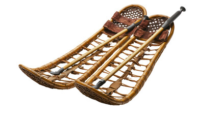 Snowshoes and poles side by side natural angled composition on transparent background