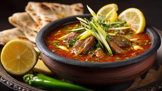 Delicious Pakistani Nihari Dish with Naan Bread and Lemon