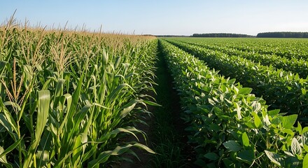 Naklejka premium Agricultural fields with corn and soybeans.