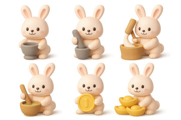Fototapeta premium Cute rabbit icon set with various activities for holiday design and decoration