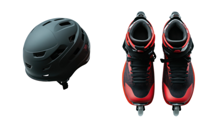 Speed skates and helmet side by side top-down view on transparent background