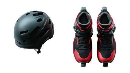 Speed skates and helmet side by side top-down view on transparent background