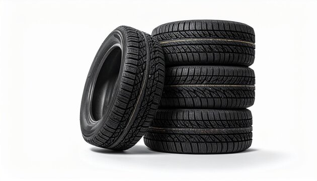 Stack of four tires and one spare tire isolated on a white background in a studio shot