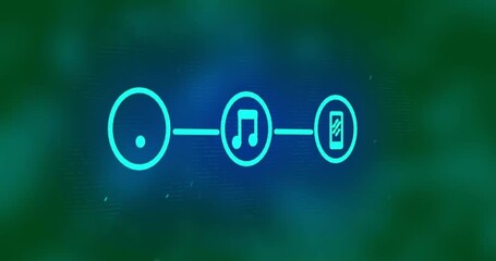 Digital icons and spot of light moving against blue background - Powered by Adobe